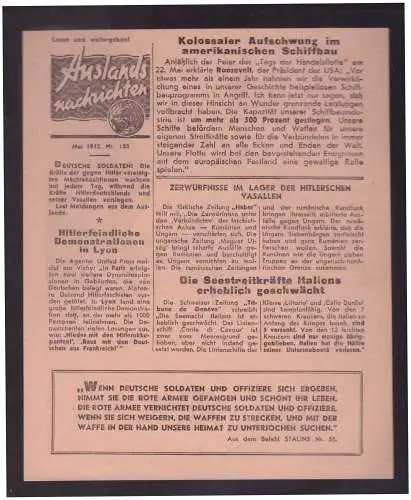 Dt- Reich (023136) Propaganda Flugblatt Auslands Nachrichten vom Mai 1942 Nr.188, sowjetische Propagandazeitung