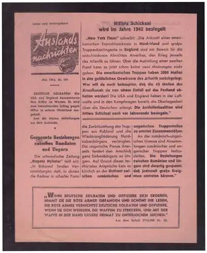 Dt- Reich (023137) Propaganda Flugblatt Auslands Nachrichten vom Mai 1942 Nr.191, sowjetische Propagandazeitung