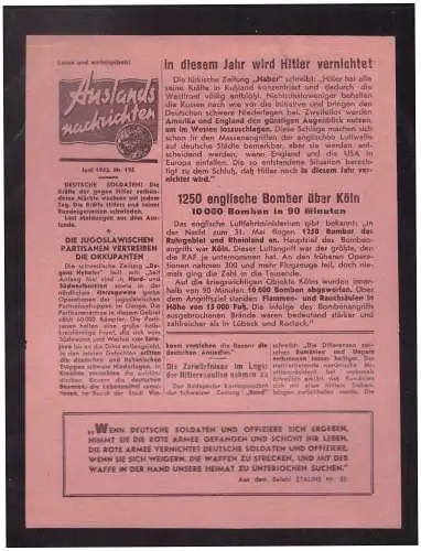 Dt- Reich (023139) Propaganda Flugblatt Auslands Nachrichten vom Juni 1942 Nr.195, sowjetische Propagandazeitung