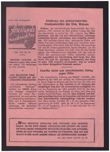 Dt- Reich (023140) Propaganda Flugblatt Auslands Nachrichten vom Juni 1942 Nr.197, sowjetische Propagandazeitung, Mängel