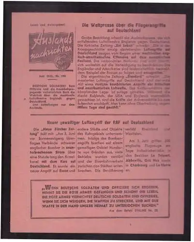 Dt- Reich (023141) Propaganda Flugblatt Auslands Nachrichten vom Juni 1942 Nr.198, sowjetische Propagandazeitung