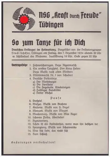 Dt- Reich (005145) NSG Kraft durch Freude Tübingen Programm vom 7.12.1934