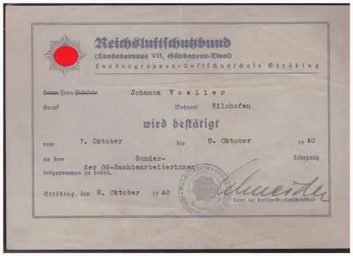 Dt- Reich (005147) Reichsluftschutzbund Lehrgangs- Bescheinigung vom 8.10.1940 aus Ströbing