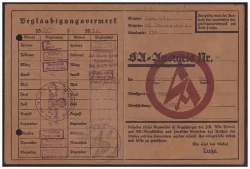 Dt- Reich (005160) Propaganda SA Ausweis, Gruppe Kurpfalz, Brigarde 50 Starkenburg, Standarte 133, ohne Lichtbild