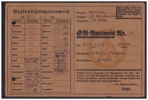 Dt- Reich (005161) Propaganda SA Ausweis, Gruppe Kurpfalz, Brigarde 150 Rheinhessen, Standarte 18 Worms, ohne Lichtbild