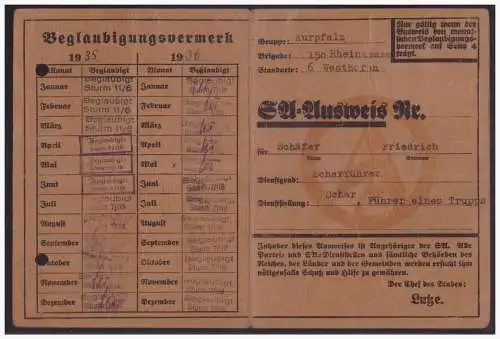 Dt- Reich (005163) Propaganda SA Ausweis, Gruppe Kurpfalz, Brigarde 150 Rheinhessen, Standarte 6 Westhof, ohne Lichtbild