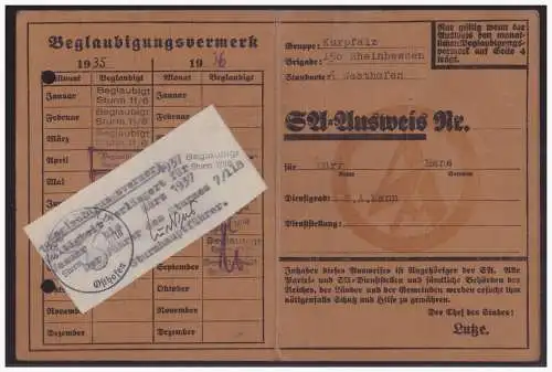 Dt- Reich (005164) Propaganda SA Ausweis, Gruppe Kurpfalz, Brigarde 150 Rheinhessen, Standarte 6 Westhof, ohne Lichtbild