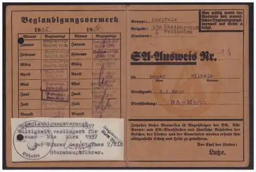 Dt- Reich (005166) Propaganda SA Ausweis, Gruppe Kurpfalz, Brigarde 150 Rheinhessen, Standarte 6 Westhof, ohne Lichtbild