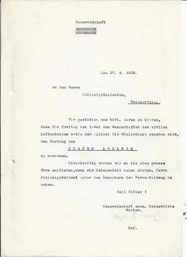 Dt- Reich (005175) Brief Einladung an"Den Polizeipräsident in Weissenfels" zum Vortrag des Grafen Lückner vom 27.4.1935