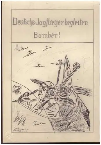 Dt- Reich (006436) Propaganda 4 Bleistift Handzeichnungen alle mit Bezug Luftkrieg gegen England 1940!!