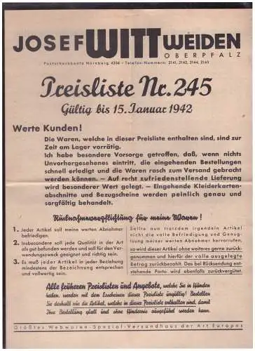 Dt- Reich (023643) Preisliste der Fa.Josef Witt Weiden 15.1.1942 mit Anweisung für den Kauf Bezugscheinpflichtigen Waren
