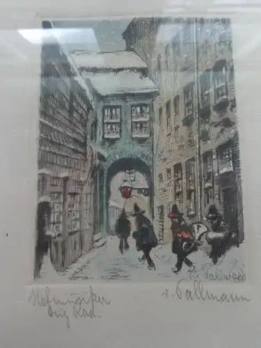 Alte originale signierte Radierung von Kurt Pallmann "Hofmusiker" coloriert, 24,5x19 cm Holzrahmen verglast, Passepartout, sehr guter Erhalt