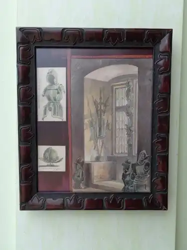 Altes Bild mit Collage, Ornament Rahmen, blendfreies Glas, 28x24x2,5 cm, selten