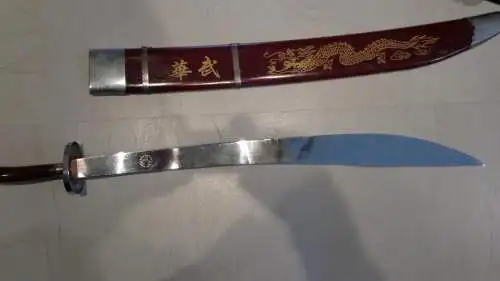 China: Shaolin Kung Fu Wushu Säbel/Schwert, L89,Klinge72,Griff17 cm, Scheide 