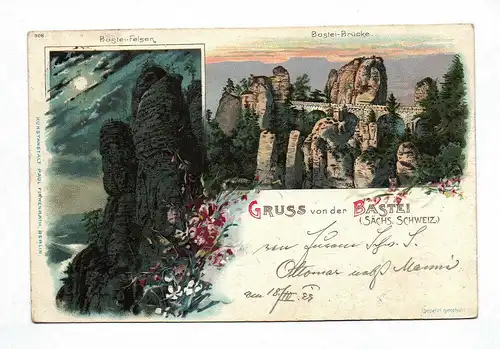 Ak Gruß von der Bastei Sächsische Schweiz Bastei-Felsen Bastei-Brücke 1899