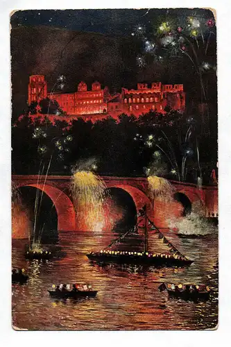 Ak Heidelberg Schloß Schwarz ist die Nacht ein Donner kracht Feuerwerk 1914