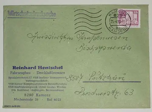 Firmen Brief Reinhard Hentschel Fahrzeugbau Druckluftbremsen Kamenz 1983