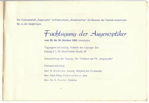 Fachtagung der Augenoptiker 1960 Leipzig Optiker Programm