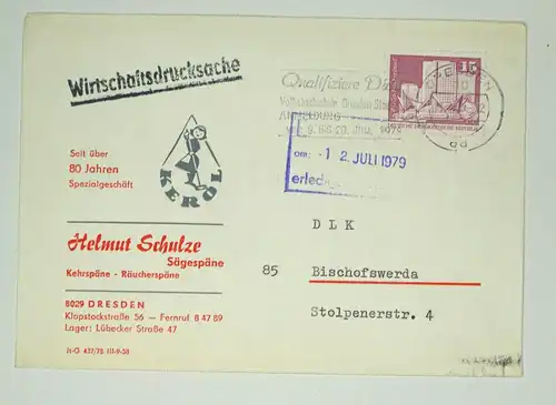 Firmen Brief Helmut Schulze Sägespäne Kehrspäne Räucherspäne Dresden 1979