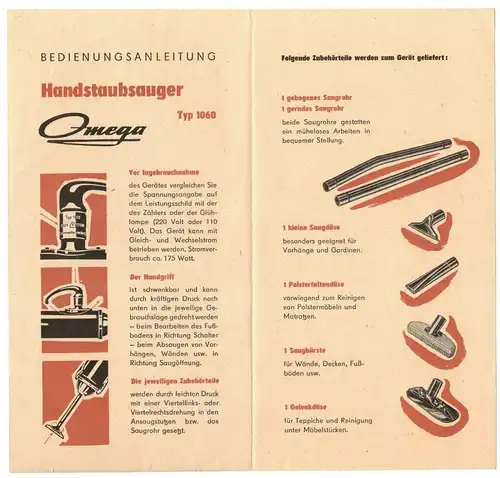 Omega Handstaubsauger Typ 1060 VEB Elektrowärme Altenburg DDR Prospekt 1961