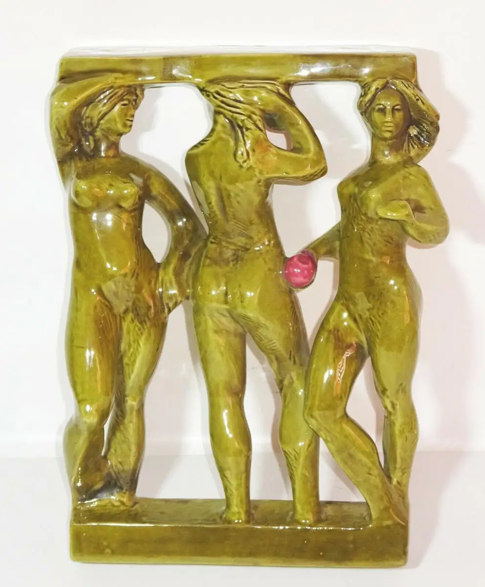 Alte Keramik Figur Die drei Grazien Zdenek Farnik 1960er Mid Century Wandrelief 0