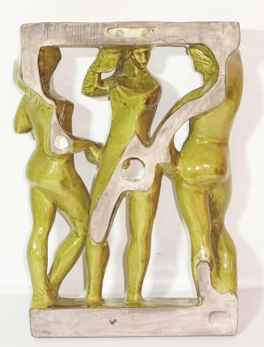 Alte Keramik Figur Die drei Grazien Zdenek Farnik 1960er Mid Century Wandrelief 4