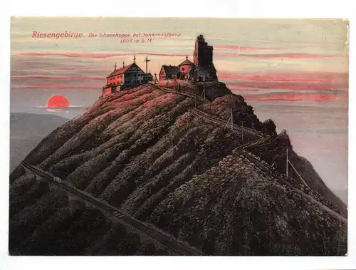 Ak Riesengebirge. Die Schneekoppe bei Sonnenaufgang