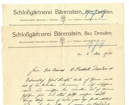 Briefkopf Schloßgärtnerei Bärenstein Bez. Dresden 1911