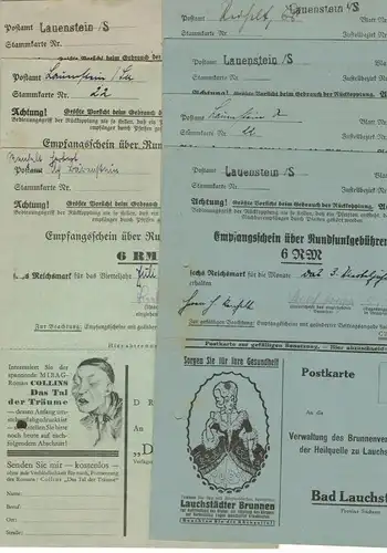 Konvolut Postkarten Empfangsschein Rundfunkgebühren Lauenstein 1929