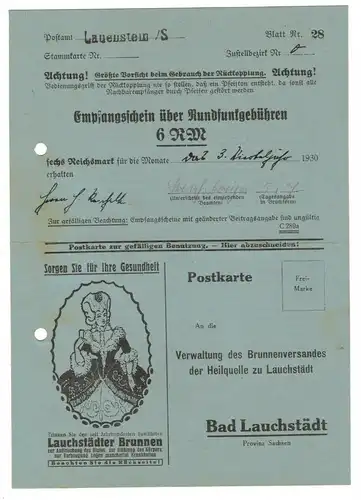 Konvolut Postkarten Empfangsschein Rundfunkgebühren Lauenstein 1929