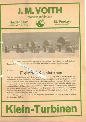 Werbeblatt J.M. Voith Maschinenfabrik Heidenheim St.Poelten 1925 Turbine