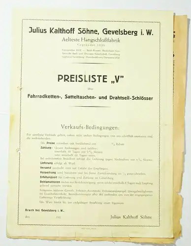 Preisliste Julius Kalthoff Söhne Geversberg i W. Fahrradschloss Schlösser 1930er