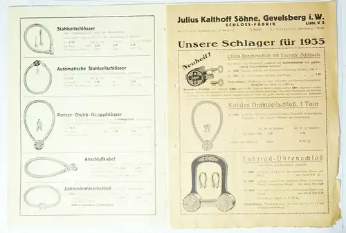 Preisliste Julius Kalthoff Söhne Geversberg i W. Fahrradschloss Schlösser 1930er