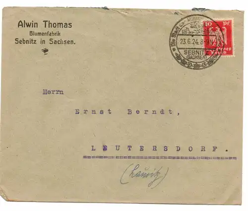 Brief Alwin Thomas Blumenfabrik Sebnitz Sachsen 1924