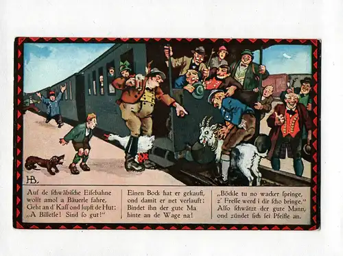 Ak HB. Boettcher Hans Auf de schwäbliche Eisenbahne wollt amol a Bäuerle
