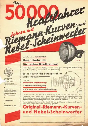 Reklame Blatt Riemann Scheinwerfer Fahrrad Werbung Print Sammler Fahrradlampe !