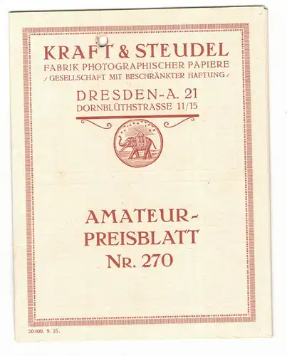 Preisliste Kraft & Steudel Dresden A21 Fotopapier Nr 270 Sammler 1925