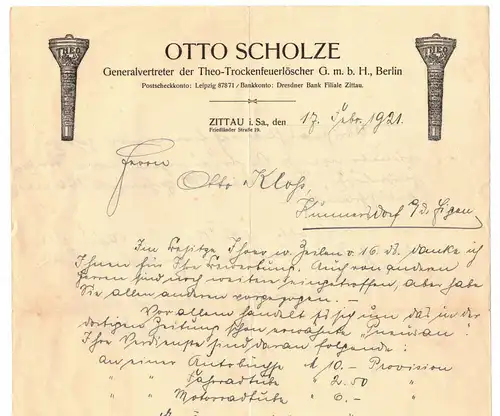 Litho Briefkopf Otto Scholze Theo Trocken Feuerlöscher Berlin Zittai 1921 !