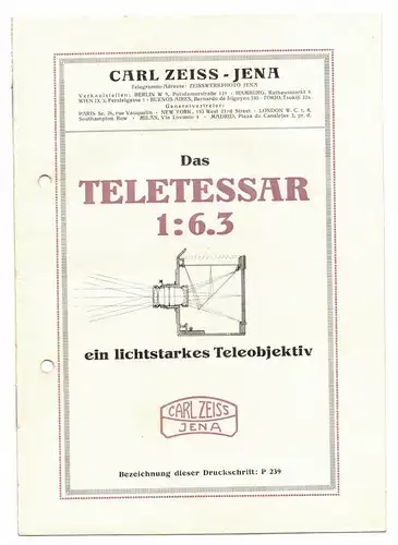 Prospekt Carl Zeiss Jena Teletessar 1:6,3 Teleobjekiv 1922 !