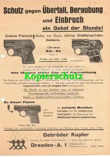 Werbeblatt Pistolen Gebrüder Kupfer Dresden A1 um 1910 Waffen Walther ! (D10