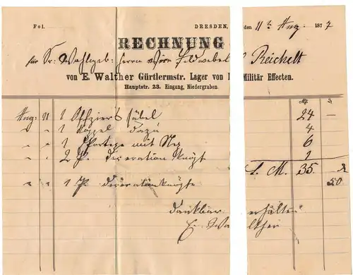 Dokument 1873 Dresden Offiziers-Gesellschaft Rechnung Militär Gustav Otto Rar