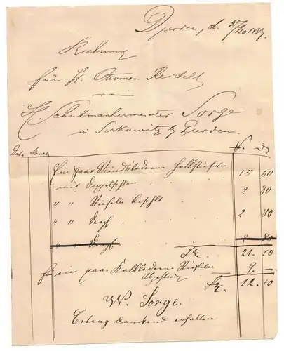 Dokument 1873 Dresden Offiziers-Gesellschaft Rechnung Militär Gustav Otto Rar