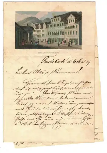 Brief 1867 kolorierte Lithografie Der Markbrunn Carlsruhe Karlsbad ! (D10
