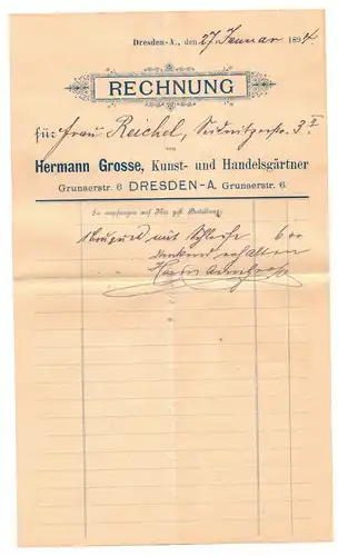 Rechnung Hermann Grosse Kunst Gärtner Dresden 1894 !