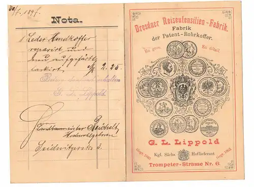 Nota Dresdner Reiseutensilien Fabrik Lippold Hoflieferant 1897 Reise Zubehör !
