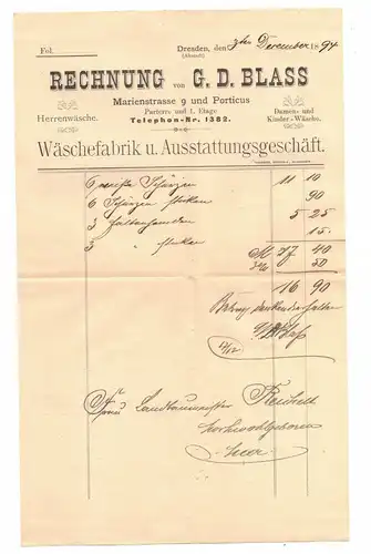Rechnung G.D.Blass Wäschefabrik u. Ausstattungsgeschäft Dresden 1894 !