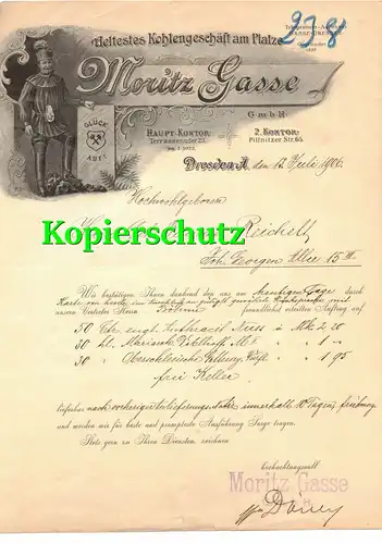 Rechnung Moritz Gasse ältestes Kohlen Geschäft Dresden 1906 Bergbau Litho !