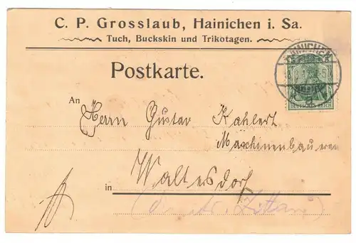 Werbe Postkarte Grosslaub Tuch Buckskin Trikotagen Hainichen 1912