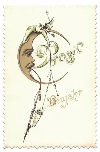 Karte Prosit Neujahr 1900 Mond raucht Pfeife Deko  (A4055