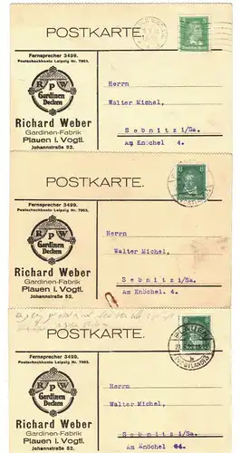 3 x Reklame Postkarte Richard Weber Plauen Vogtland Gardinen Fabrik 1928 (A4085